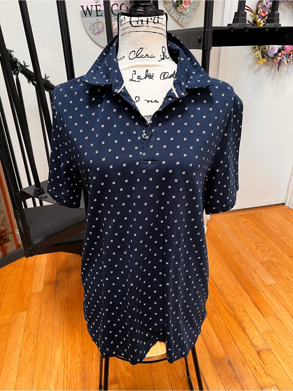 Hickey Freeman Navy Button-Down Polo with Micro Dot Print